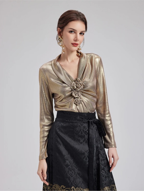 Rich Radi Q’s Tops - Rich Radi Q’S Elegant Rose Pleated V-neck Top